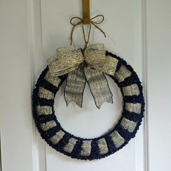 Metallic Accent Gold and Blue Yarn Wreath - Picture 1 of 5
